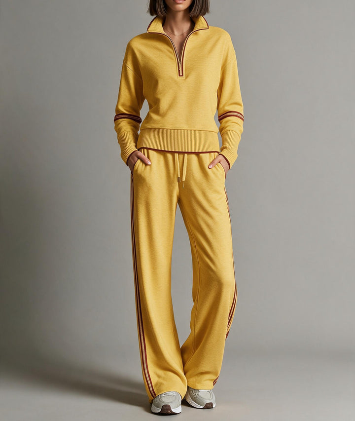 Women's Comfortable Knit Jogging Set with Stand-Up Collar, Half Zipper and Contrast Stripes Mune Fashion