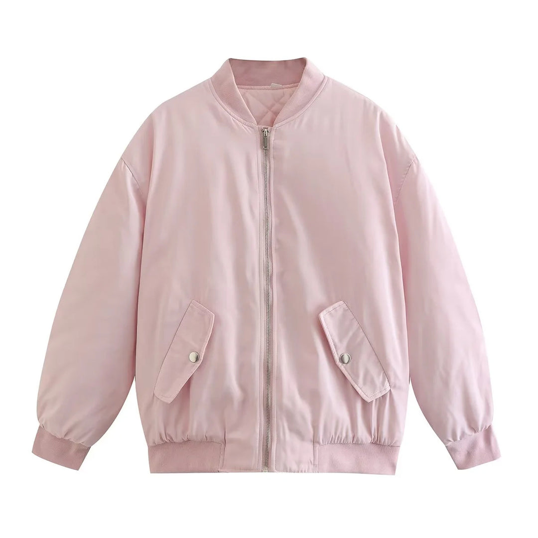 Ladies oversized bomber jacket with stand-up collar, zipper and snap button pockets Mune Fashion