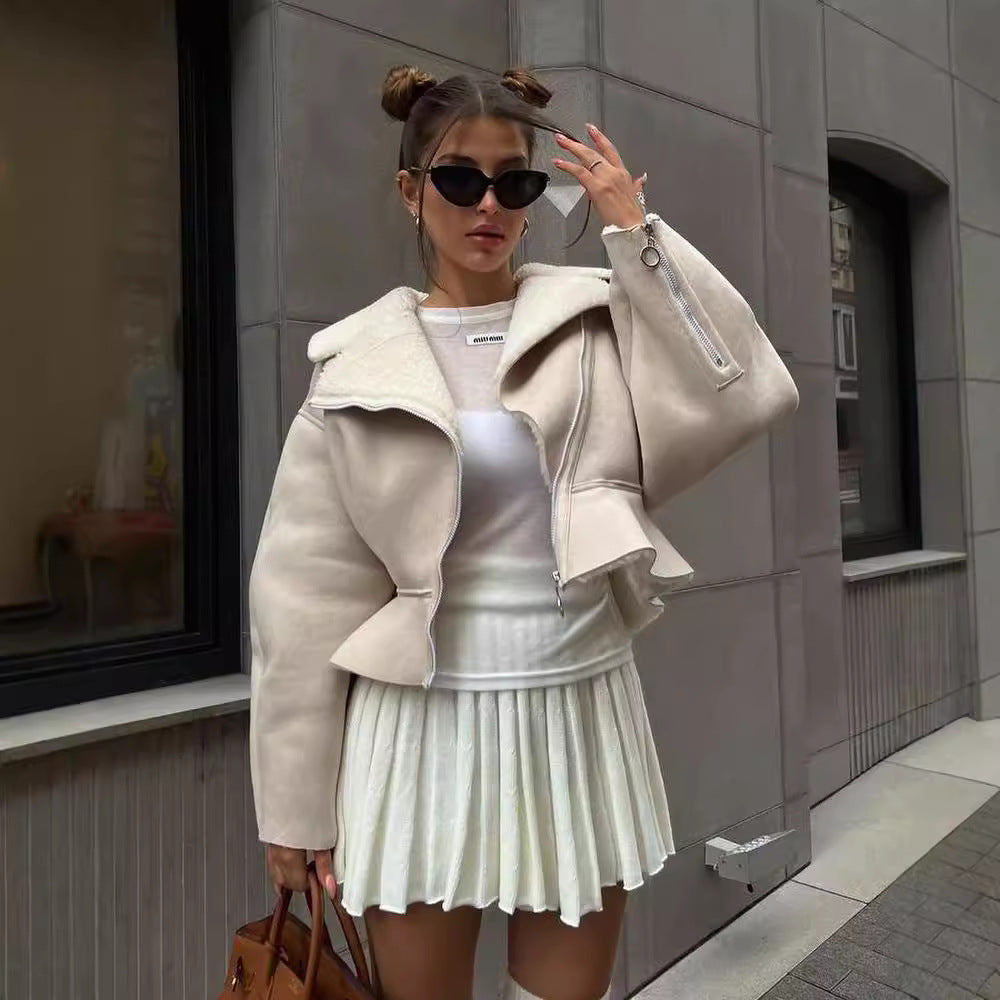 Women's Short Lambskin Imitation Biker Jacket with Oversized Collar and Asymmetrical Zipper Mune Fashion