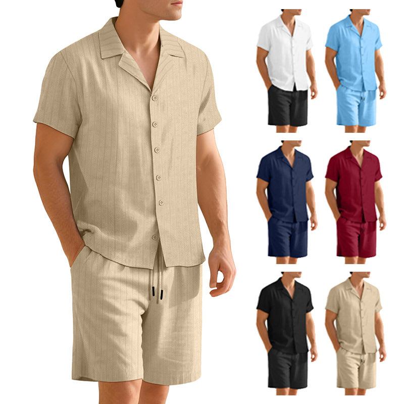 Men's ribbed knit lounge set with lapel collar short-sleeve shirt and comfort bermuda Mune Fashion