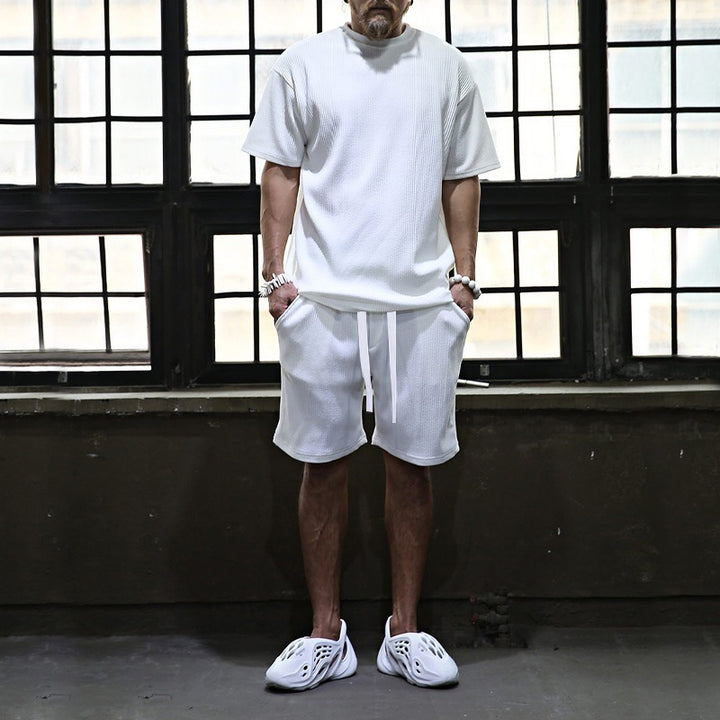 Men's casual waffle jersey set with loose top and drawstring shorts Mune Fashion
