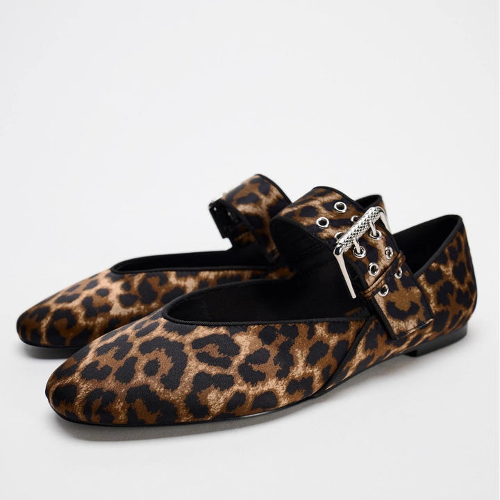 Ladies Flat Strap Ballerinas with Wide Decorative Buckle Strap and Leopard Pattern Mune Fashion