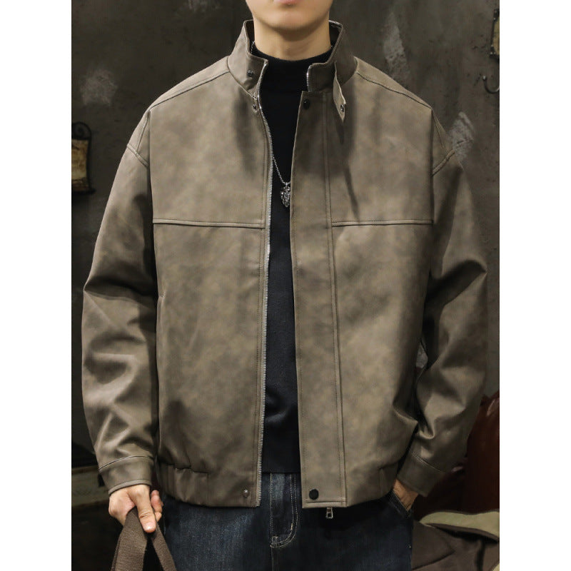 Men's Boxy Leather-Look Blouson with concealed zipper placket, stand collar, and elastic waistband Mune Fashion