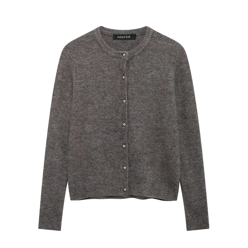 Women's fine knit cardigan with round neckline, continuous button placket, and slim silhouette Mune Fashion