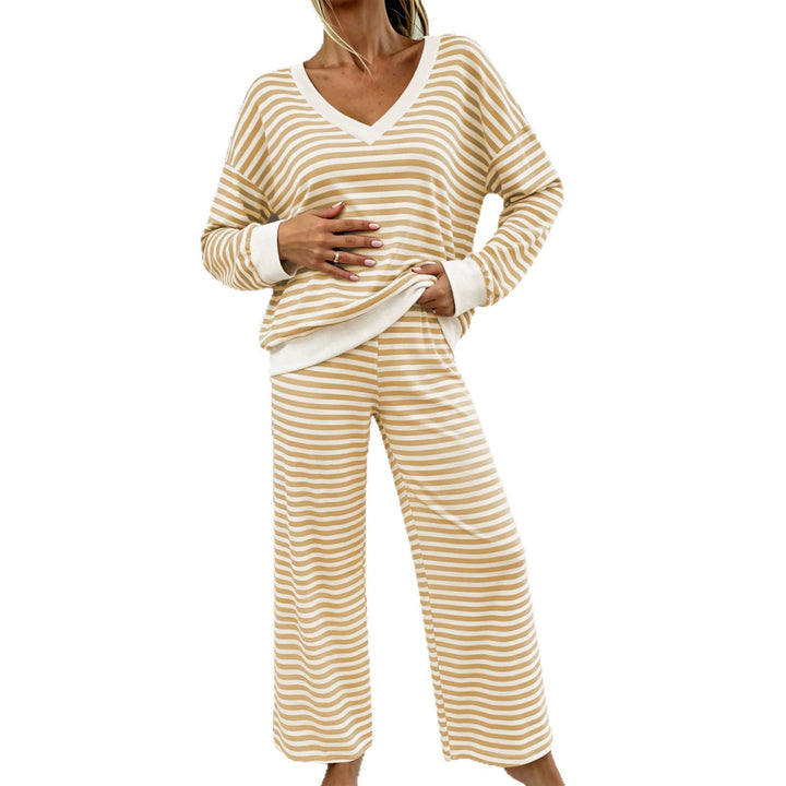 Women's Striped Lounge Set with V-Neck, Oversized Sweater and Palazzo Pants Mune Fashion