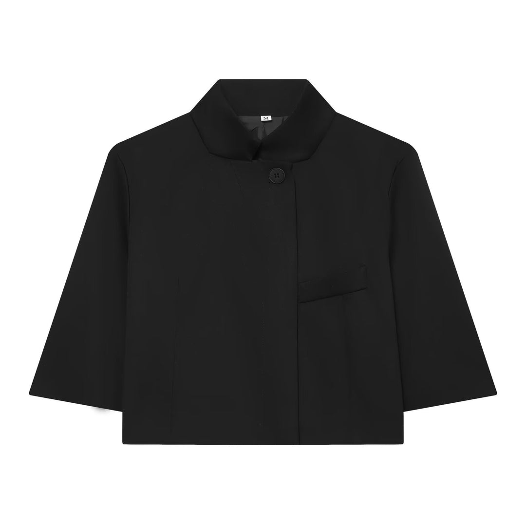 Women's Cropped Boxy Jacket with Stand Collar and Three-Quarter Sleeves Mune Fashion