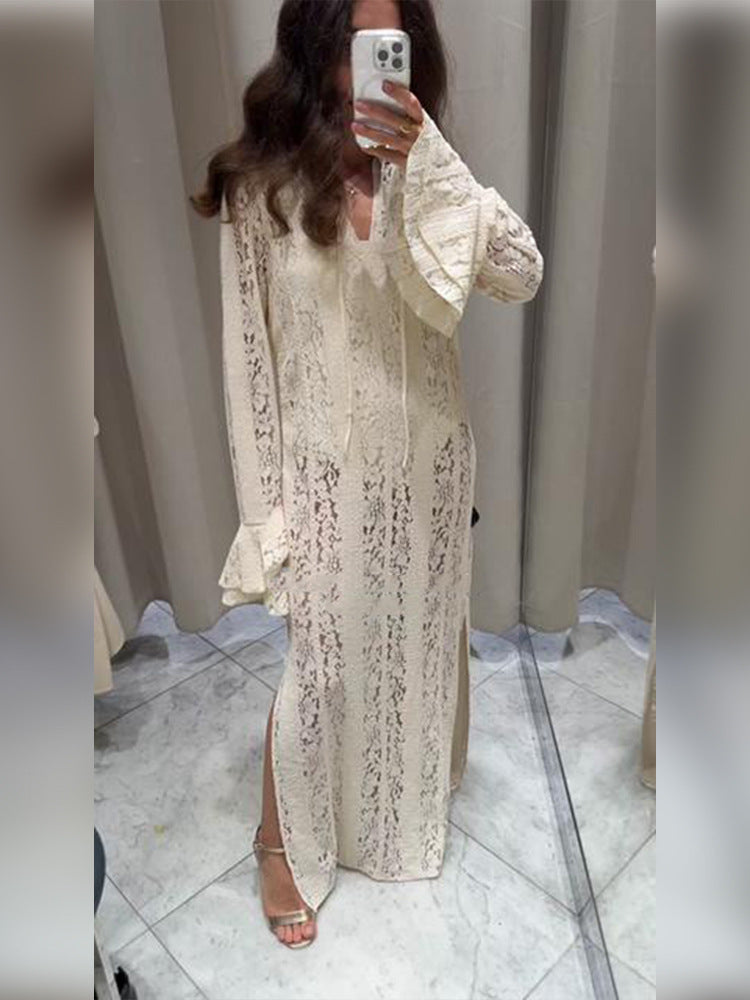 Women's Lace Maxi Dress with V-Neck, Bell Sleeves, and Side Slit Mune Fashion