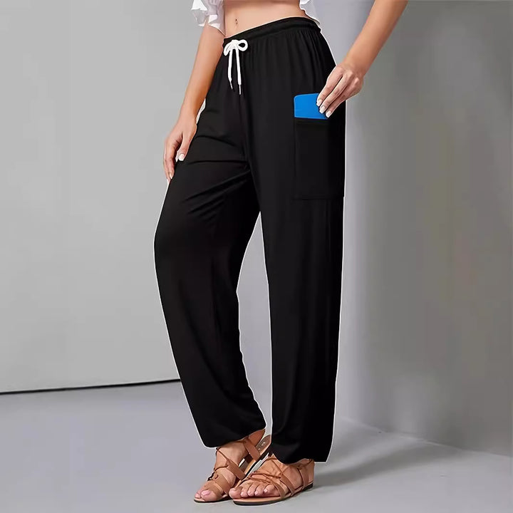 Women Loose Jersey Lounge Pants with Elastic Waistband, Drawstring and Large Side Pocket Mune Fashion