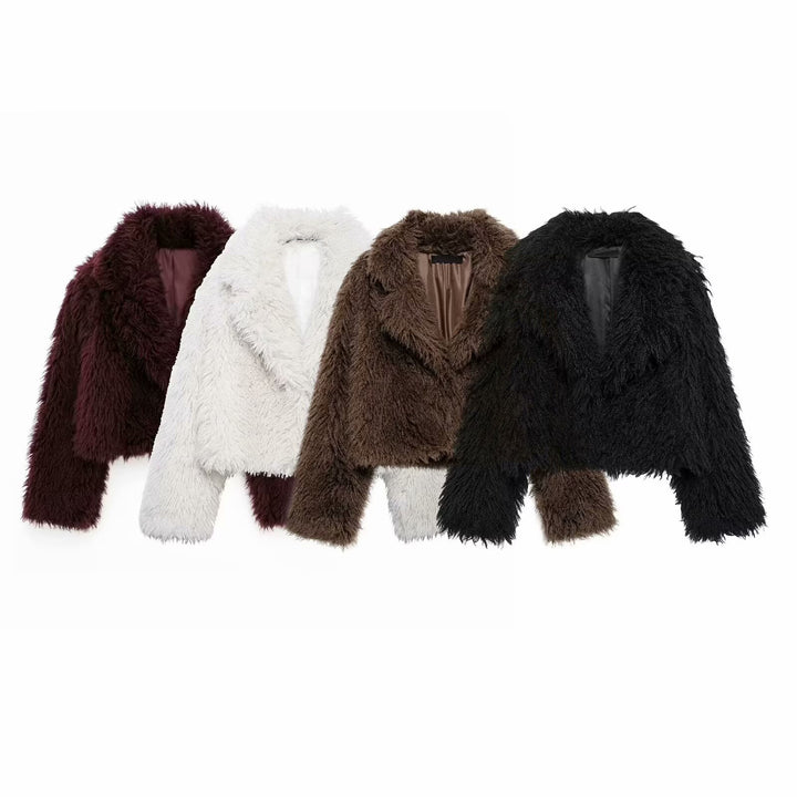 Women Short Cut Teddy Faux Fur Jacket with Wide Lapel Collar and Soft Pile Mune Fashion