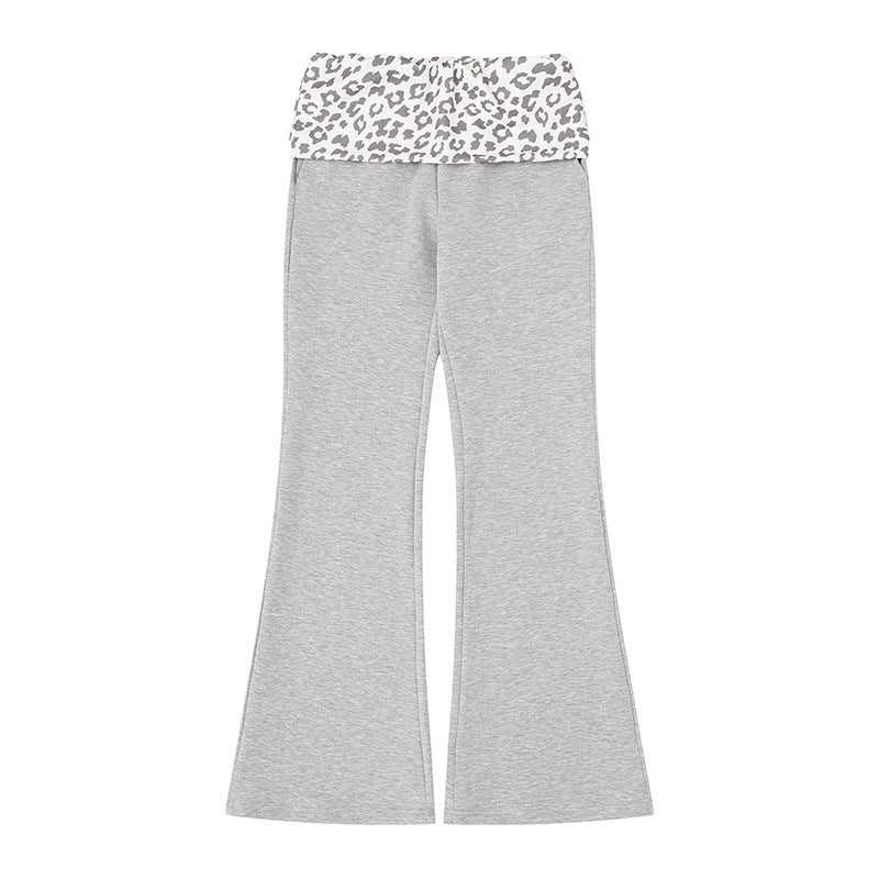 Women's Wide Jersey Lounge Pants with Flared Hem and Turned-Down Leopard Waistband Mune Fashion