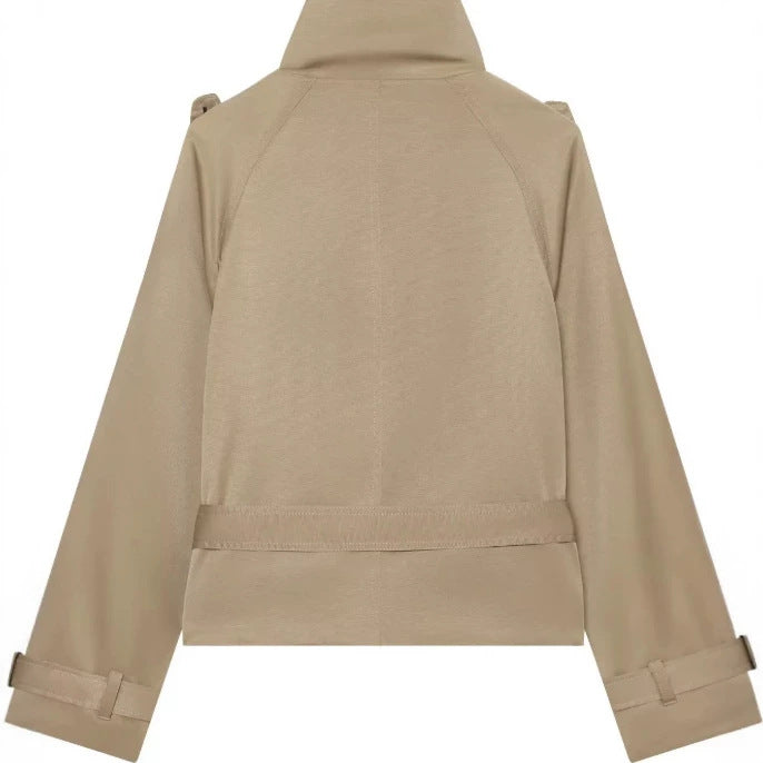 Women's short cut trench jacket with high stand-up collar and waist belt Mune Fashion