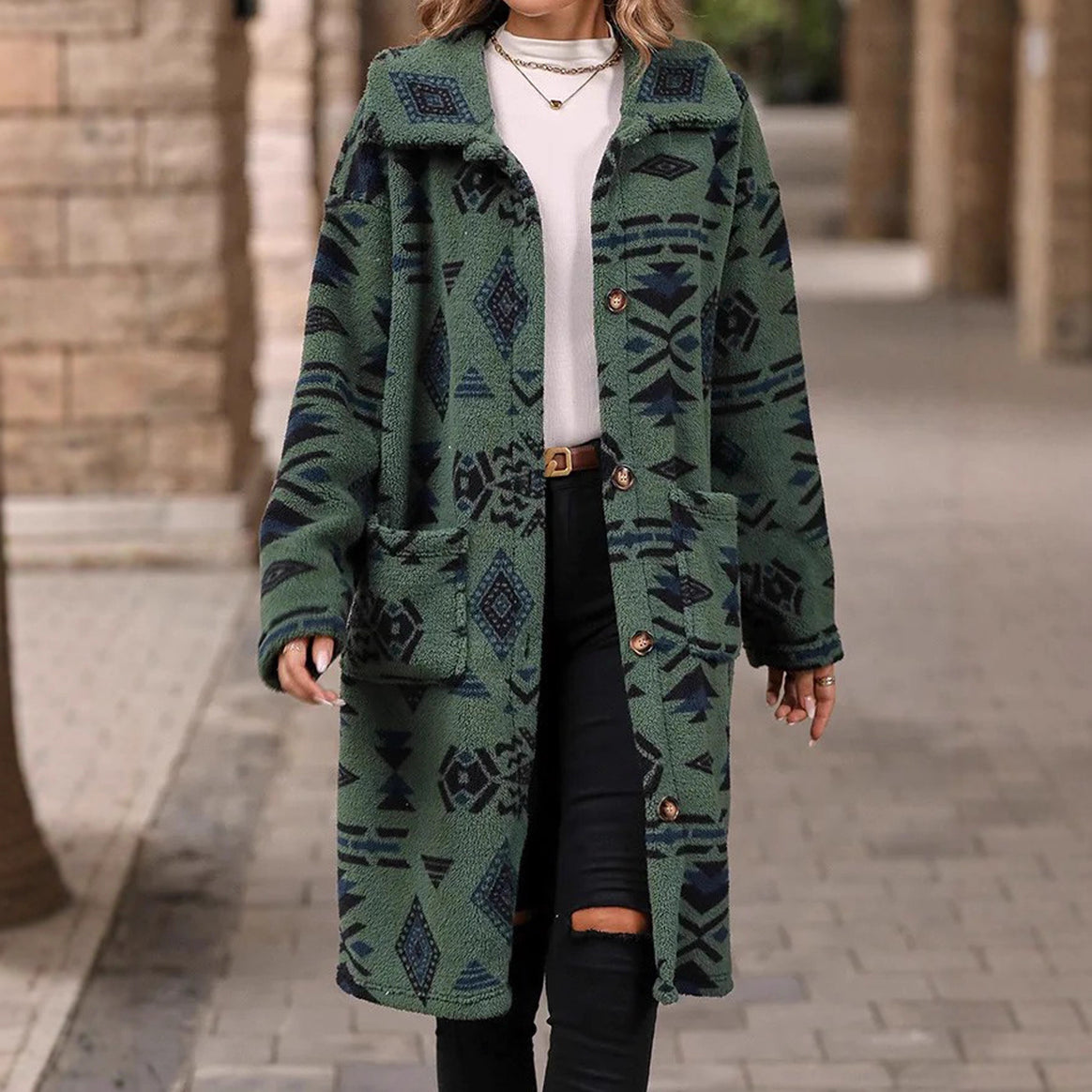 Women Teddy Coat with Aztec Pattern, Button Placket and Patch Pockets Mune Fashion