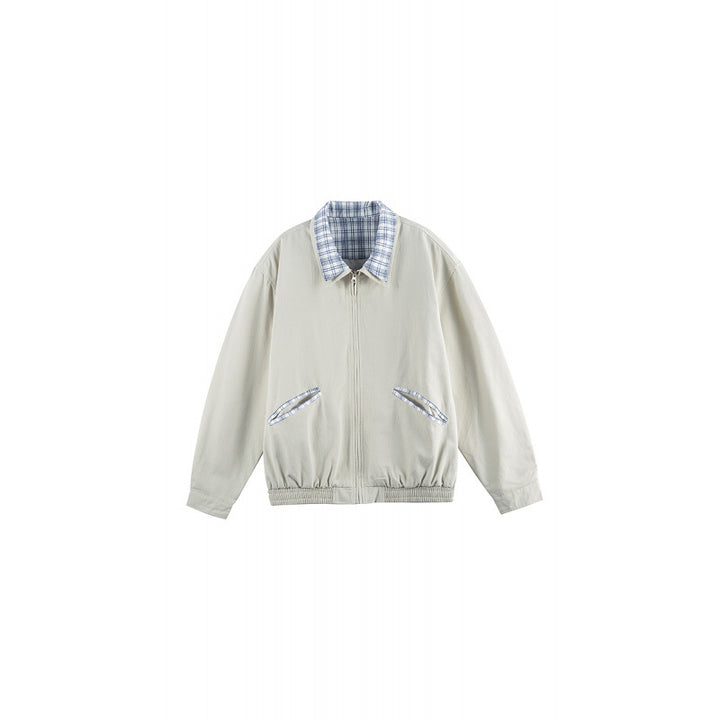 Unisex Lightweight Zip-Over Jacket in Boxy Cut with Check Collar and Elastic Hem Mune Fashion