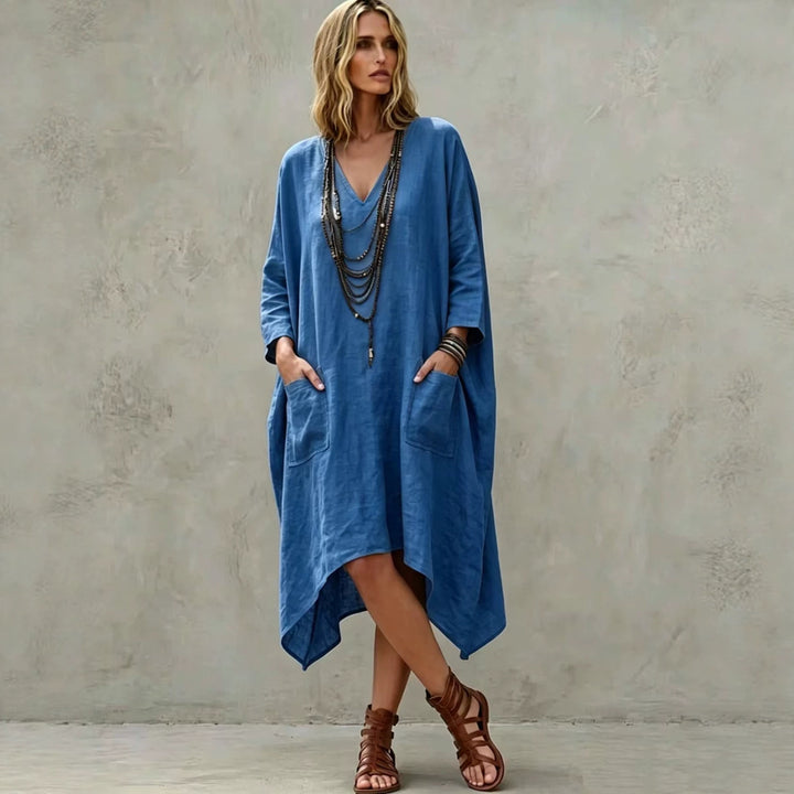 Women's Oversize Kaftan Dress with V-Neck, Side Pockets and Asymmetrical Hem Mune Fashion