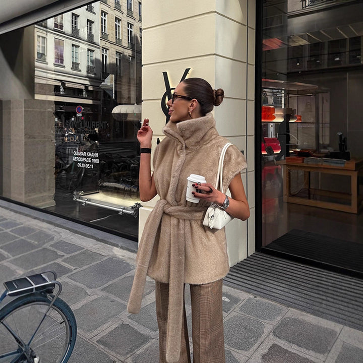 Women's Sleeveless Faux Fur Vest with High Stand-Up Collar and Tailored Tie Belt Mune Fashion