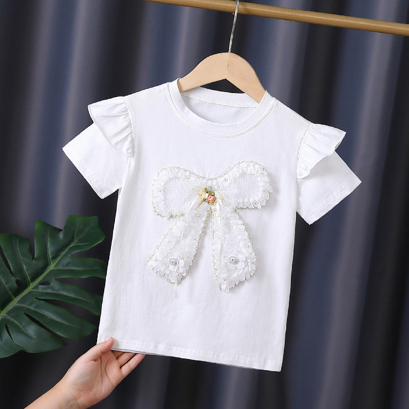 Girls T-shirt with decorative ruffle design and artistic bow motif Mune Fashion