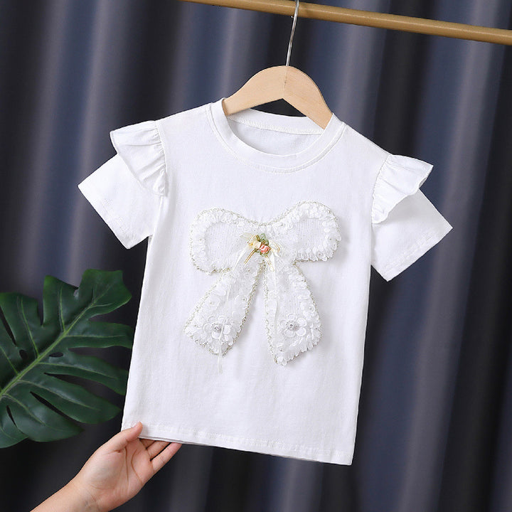 Girls T-shirt with decorative ruffle design and artistic bow motif Mune Fashion