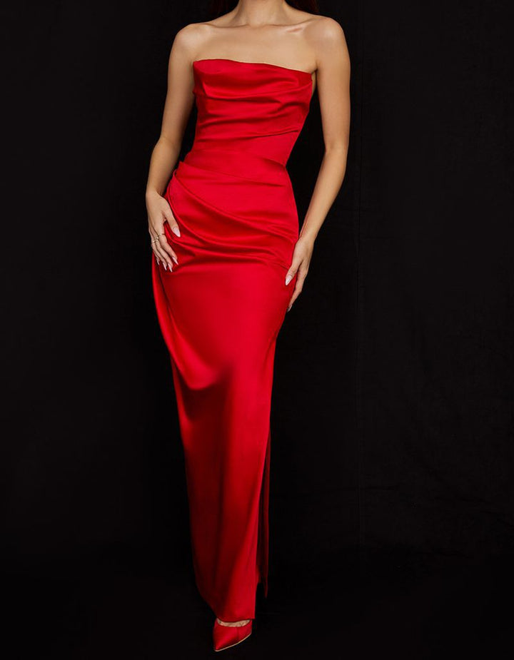 Women's strapless evening dress with draped bustier and slim column silhouette Mune Fashion