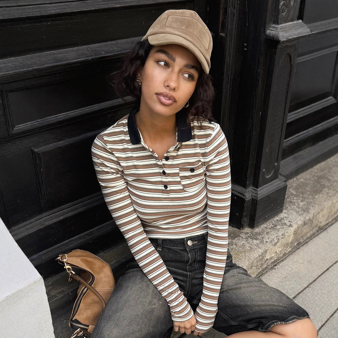 Women's striped polo crop long sleeve with contrast collar and breast pocket Mune Fashion