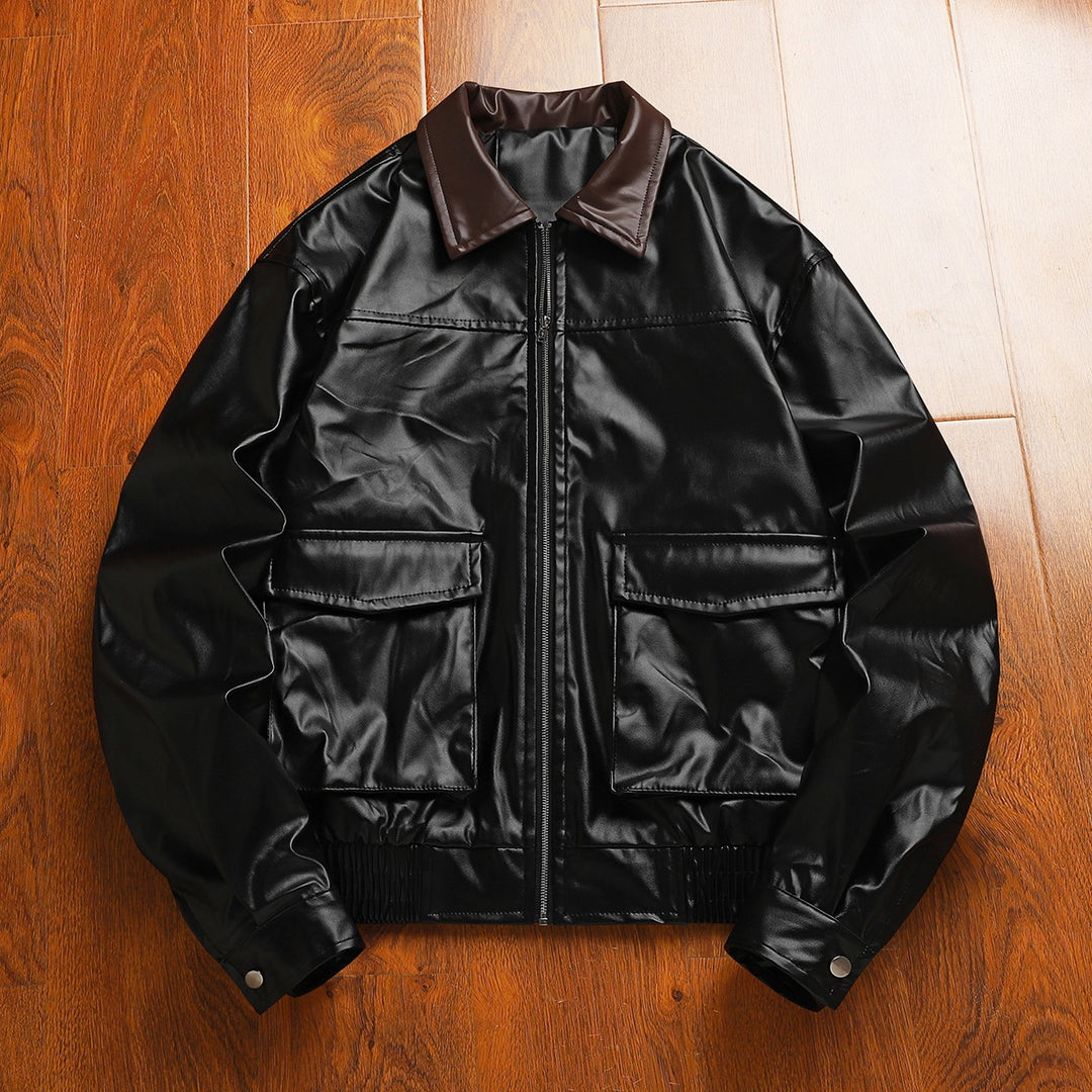 Men's Fashionable Faux Leather Jacket with High Collar and Practical Pockets Mune Fashion