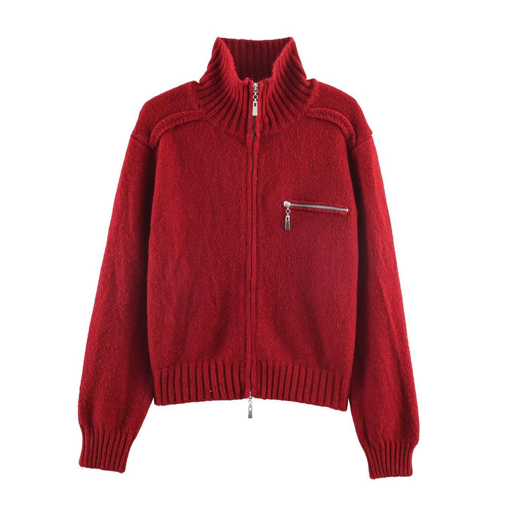Women's Chunky Knit Zip-Up Cardigan with High Ribbed Collar and Chest Pocket Mune Fashion