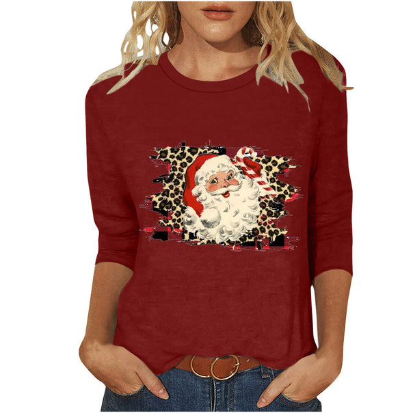 Women's casual sweatshirt with retro Santa print, leopard and check pattern, and three-quarter sleeves Mune Fashion