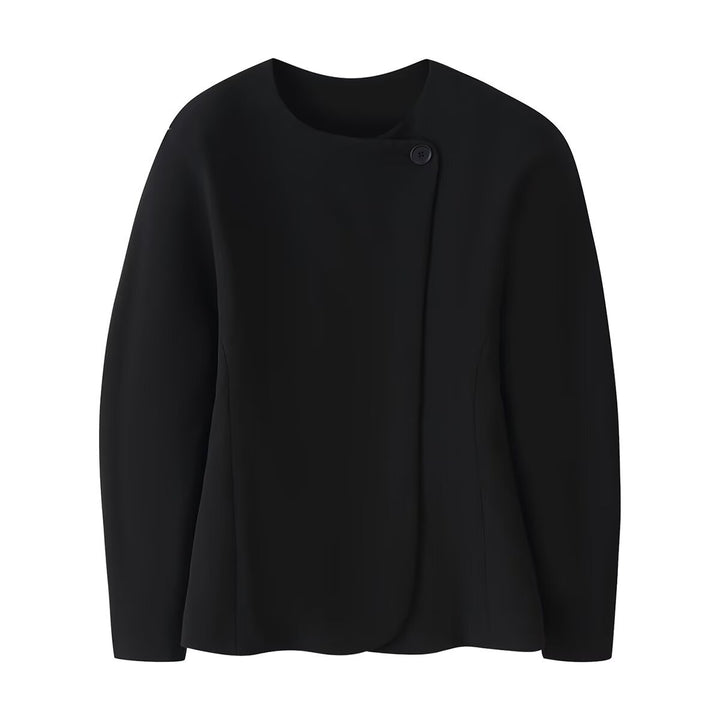 Women's Minimalistic Short Jacket with Asymmetrical Placket and Round Neckline Mune Fashion