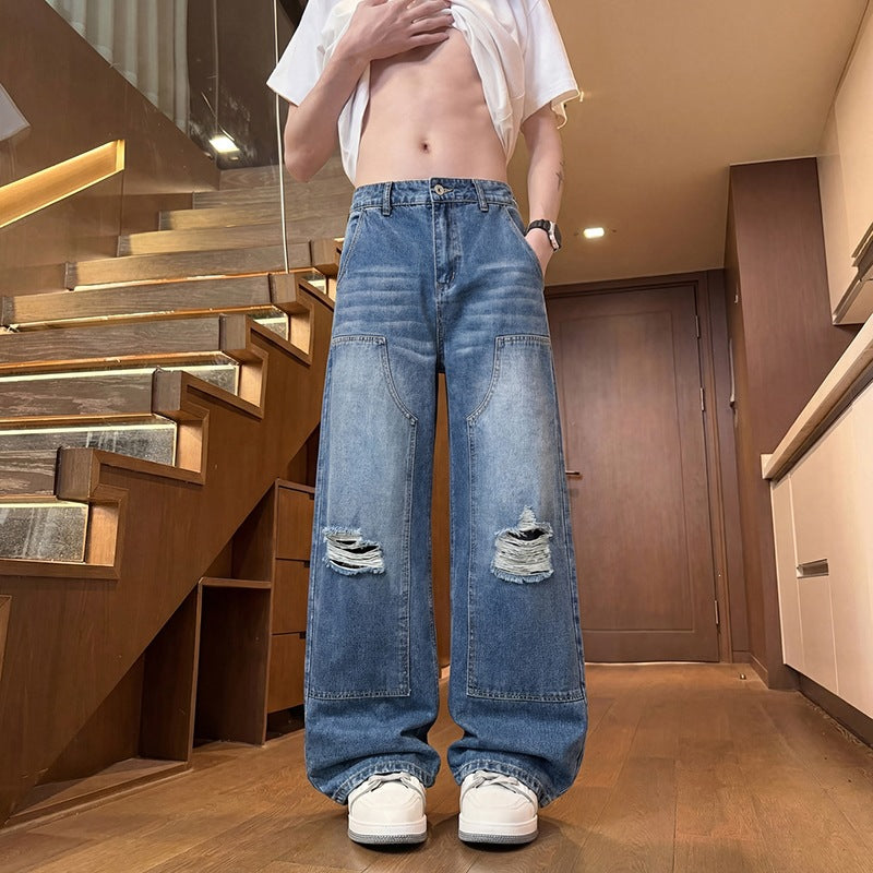 Men's Wide Baggy Jeans with Used Wash, Knee Rips & Utility Seams Mune Fashion