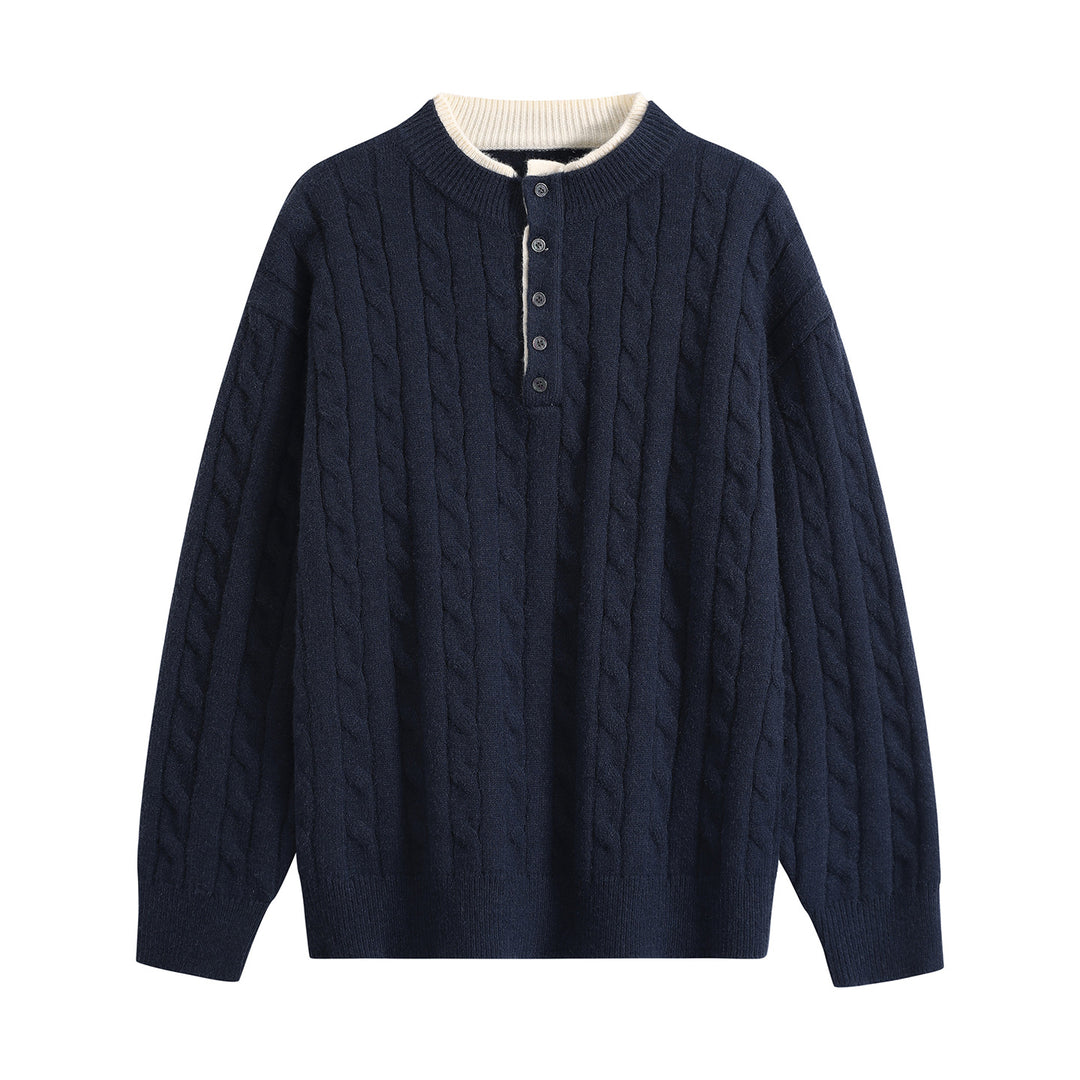 Unisex Oversize Braid Knit Henley Sweater with Button Placket and Ribbed Hem Mune Fashion