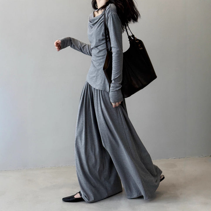 Women Two-Piece Jersey Set with Asymmetrical Waterfall Collar and Wide Maxi Skirt Mune Fashion