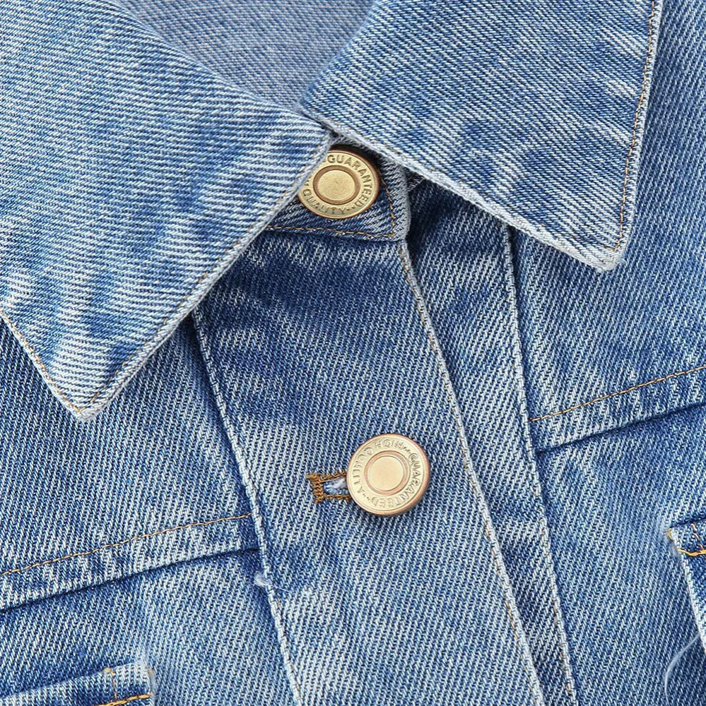 Women's Short Denim Jacket with Metallic Finish and Patch Chest Pockets Mune Fashion