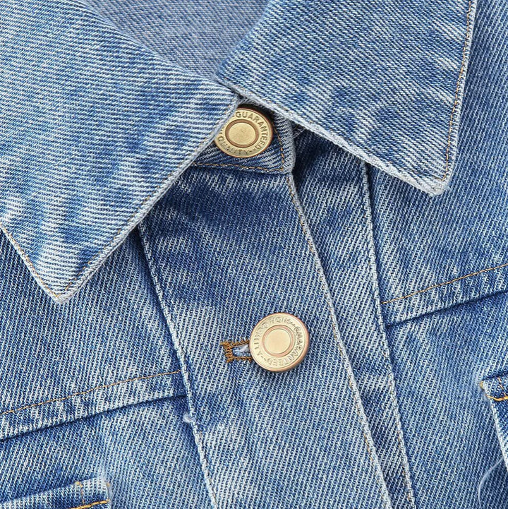 Women's Short Denim Jacket with Metallic Finish and Patch Chest Pockets Mune Fashion