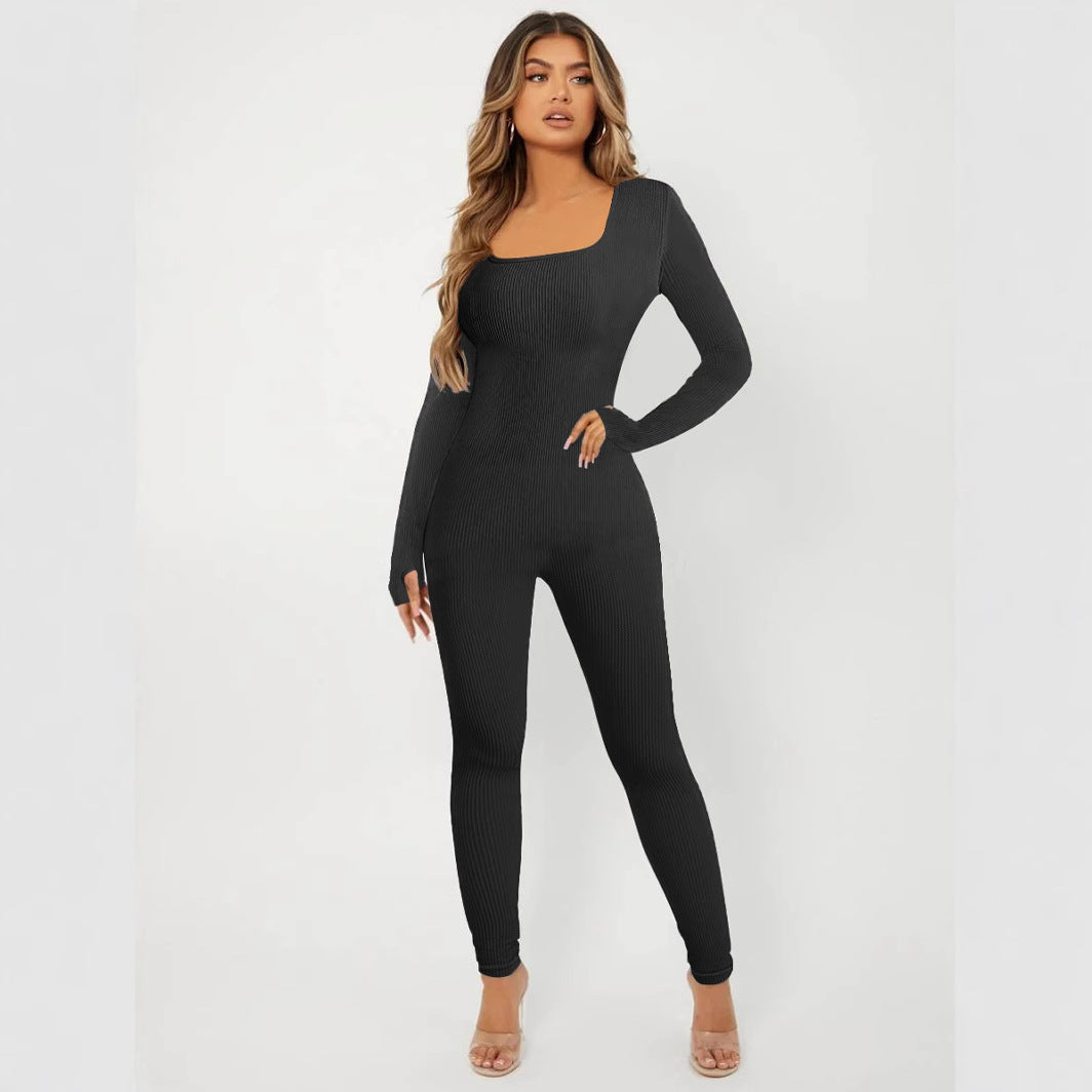 Women's Ribbed Skinny Jumpsuit with Square Neckline, Long Sleeves and Thumbhole Mune Fashion