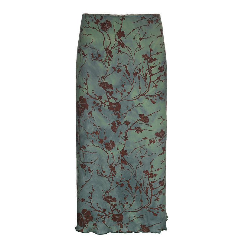 Women's satin midi skirt with floral velvet appliqué and narrow silhouette Mune Fashion