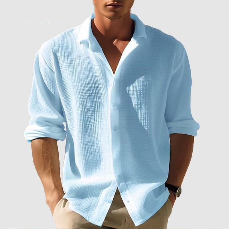Men's Casual Textured Linen Shirt with Open Collar and Rolled Sleeves Mune Fashion