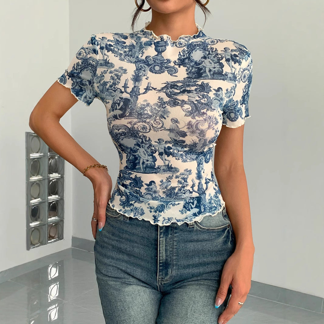 Women's fitted short-sleeved mesh shirt with stand-up collar and romantic country house print Mune Fashion