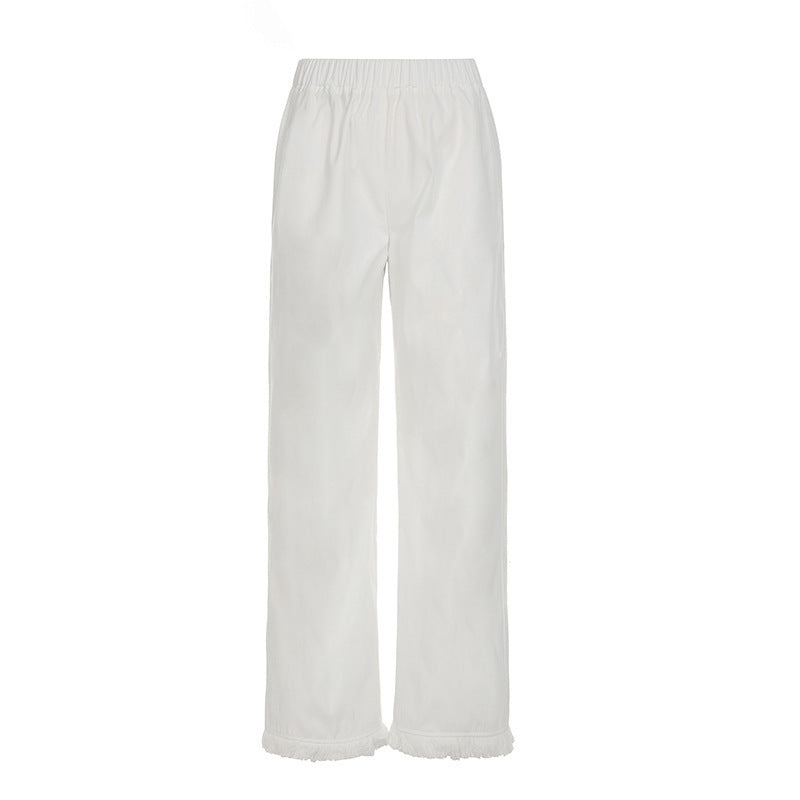 Women Wide Straight-Leg Pants with Elastic Waistband and Fringe Hem Mune Fashion