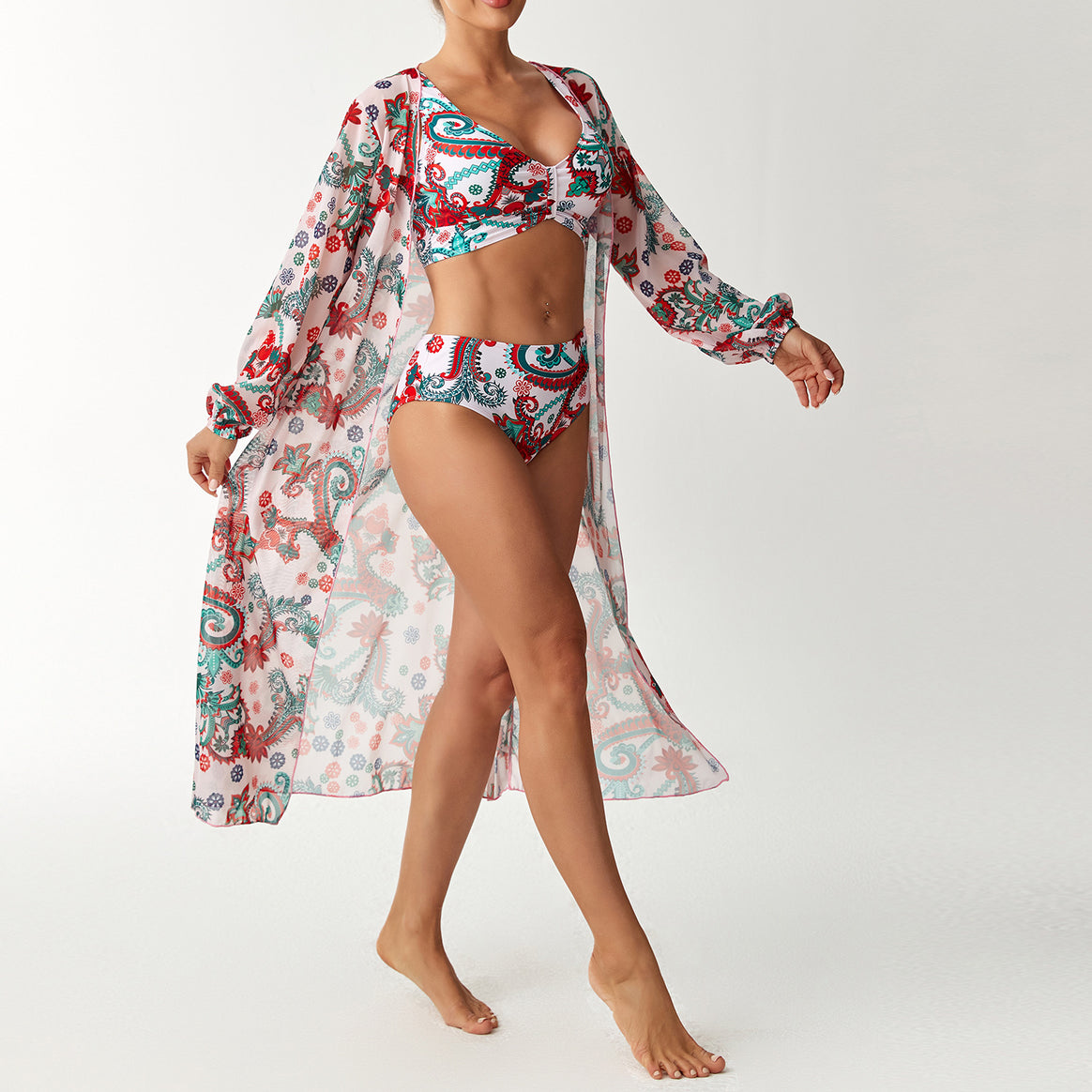 Women’s Bikini Set with Floral Design and Transparent Cover-Up Mune Fashion