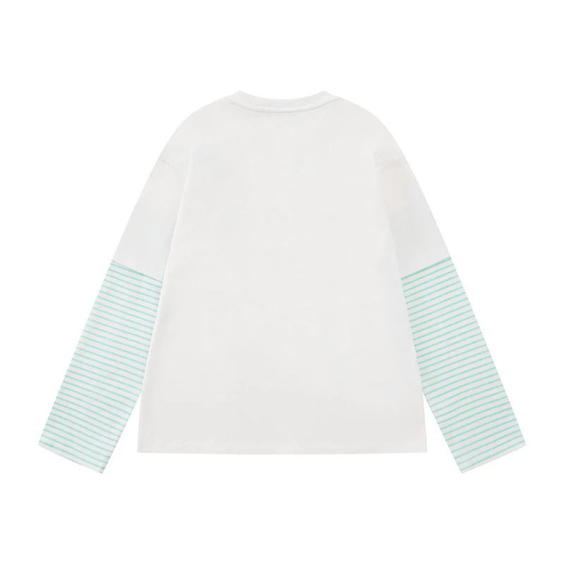 Women's Layered Long Sleeve Shirt in Layer Look with Striped Insert Sleeves and Playful Graphic Doodle Print Mune Fashion