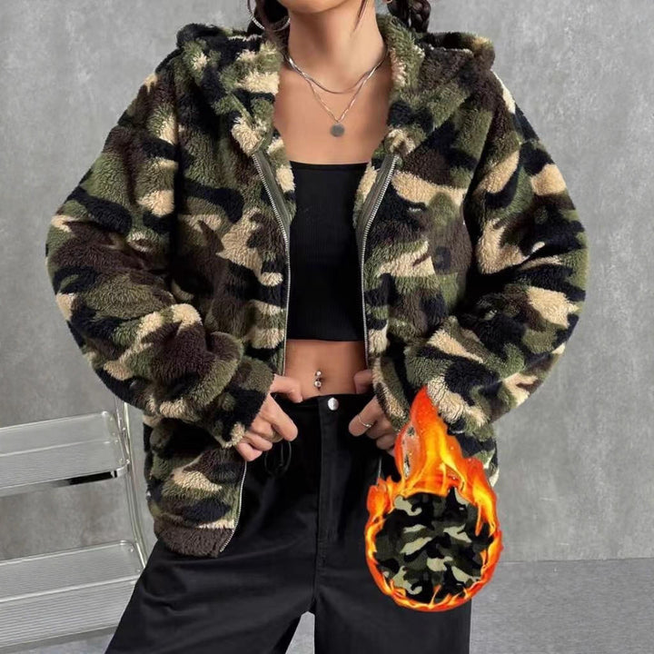 Women's Teddy-Fleece Hooded Jacket in Camouflage Look Mune Fashion
