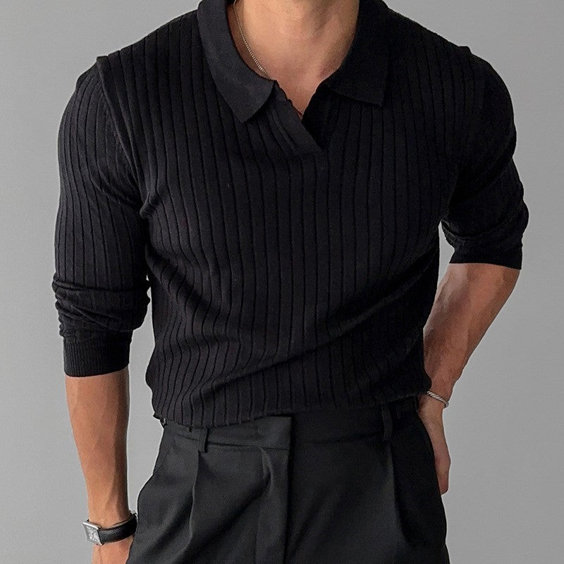 Men's fitted ribbed polo sweater with open V-neck and slim fit Mune Fashion