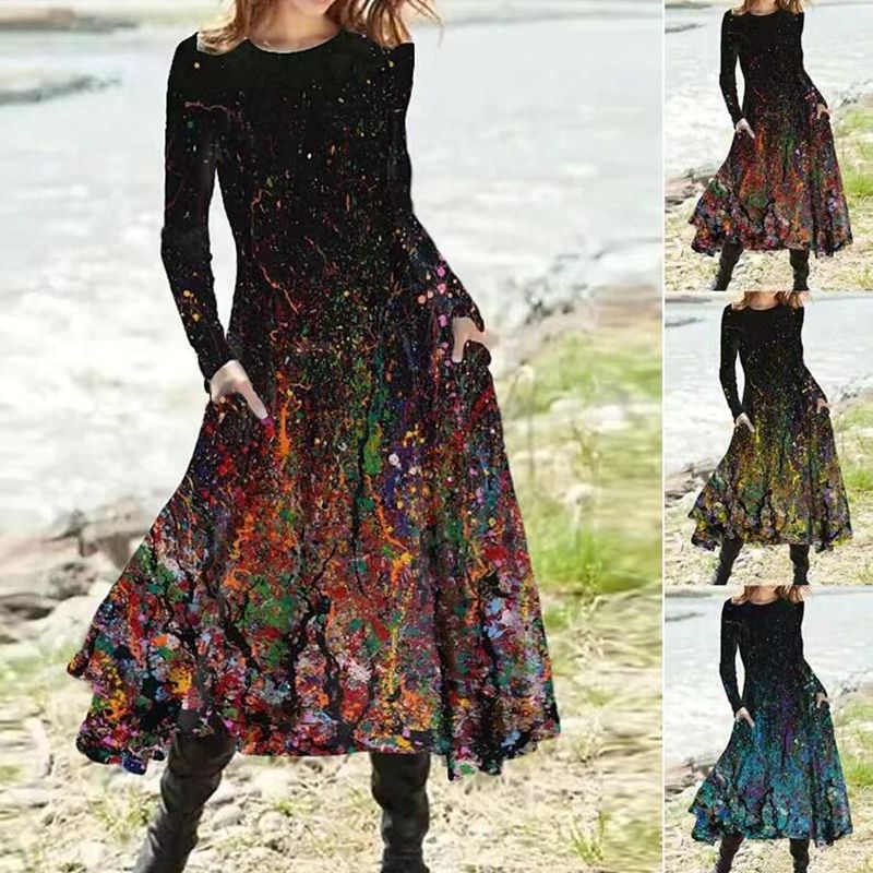 Women's A-line midi dress with abstract spray pattern, round neckline, long sleeves and side pockets Mune Fashion