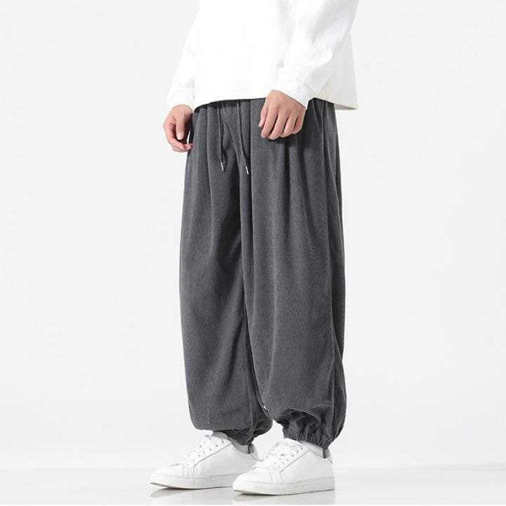 Men's Wide Cord Trousers in Balloon Cut with Drawstring and Elastic Cuff Mune Fashion