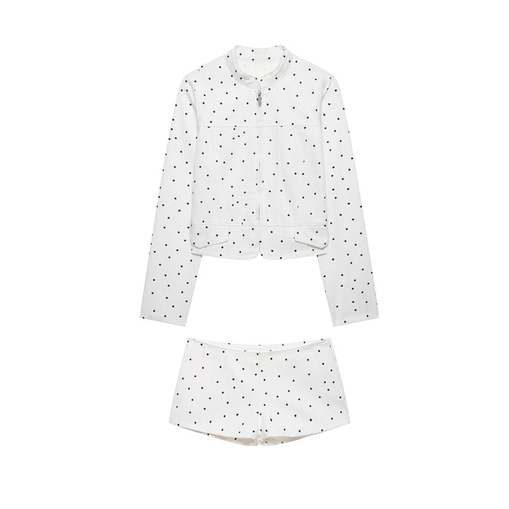 Women's Polka Dot Short Jacket with Stand Collar, Zipper and Flap Pockets Mune Fashion