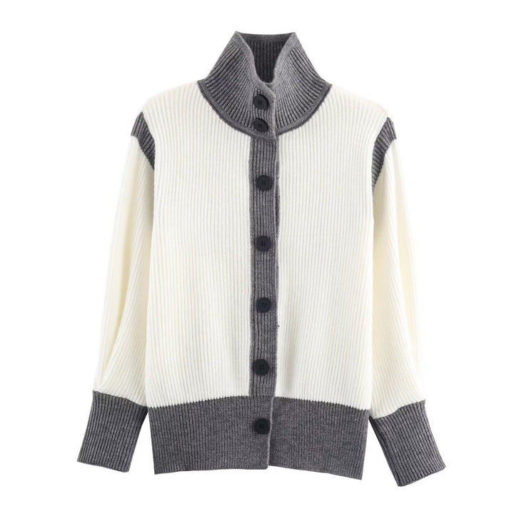 Women's Oversized Ribbed Cardigan with High Collar, Contrast Trim and Button Placket