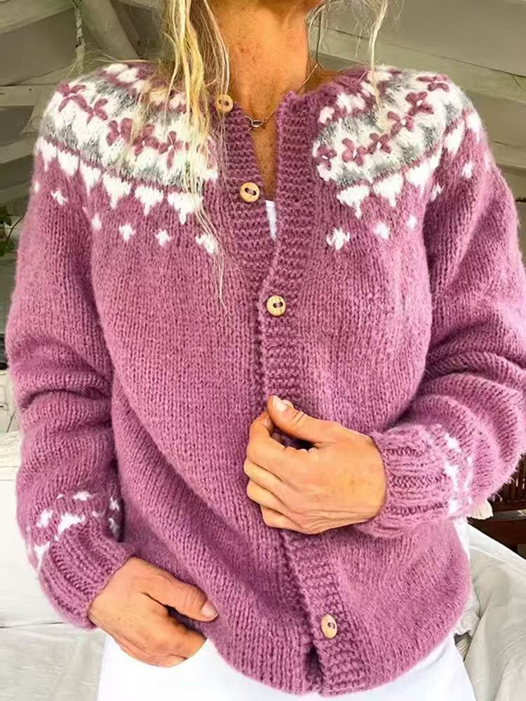Women's patterned cardigan with round yoke, wooden buttons, and welt pockets Mune Fashion