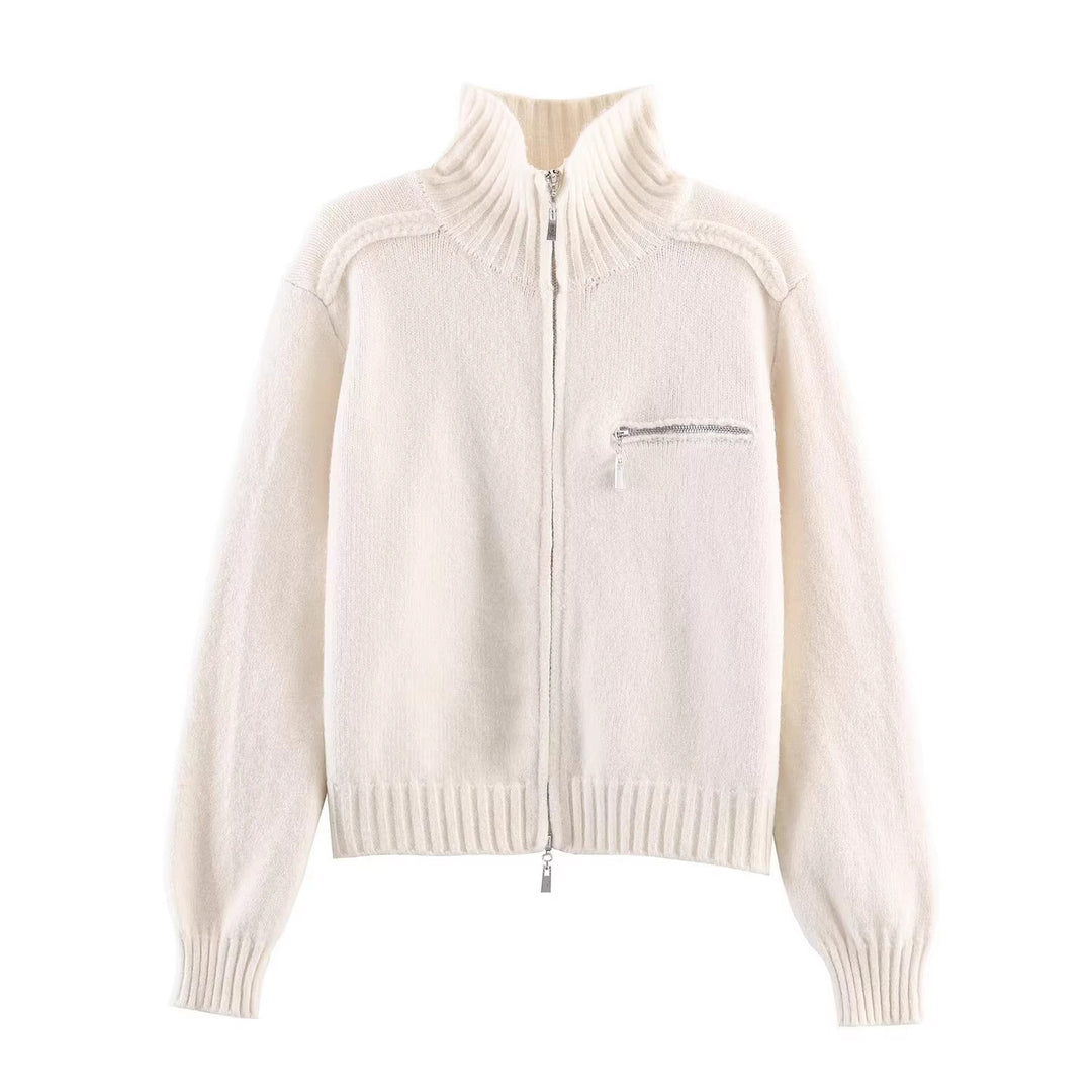 Women's Chunky Knit Zip-Up Cardigan with High Ribbed Collar and Chest Pocket Mune Fashion