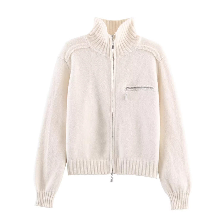 Women's Chunky Knit Zip-Up Cardigan with High Ribbed Collar and Chest Pocket Mune Fashion