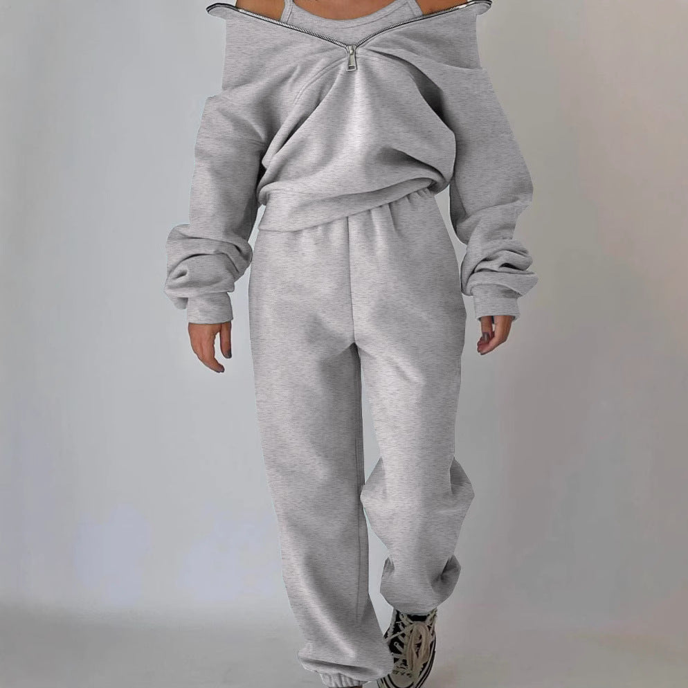 Women's Oversized Half-Zip Sweatshirt with Stand-Up Collar and Matching High-Waist Jogging Pants Mune Fashion