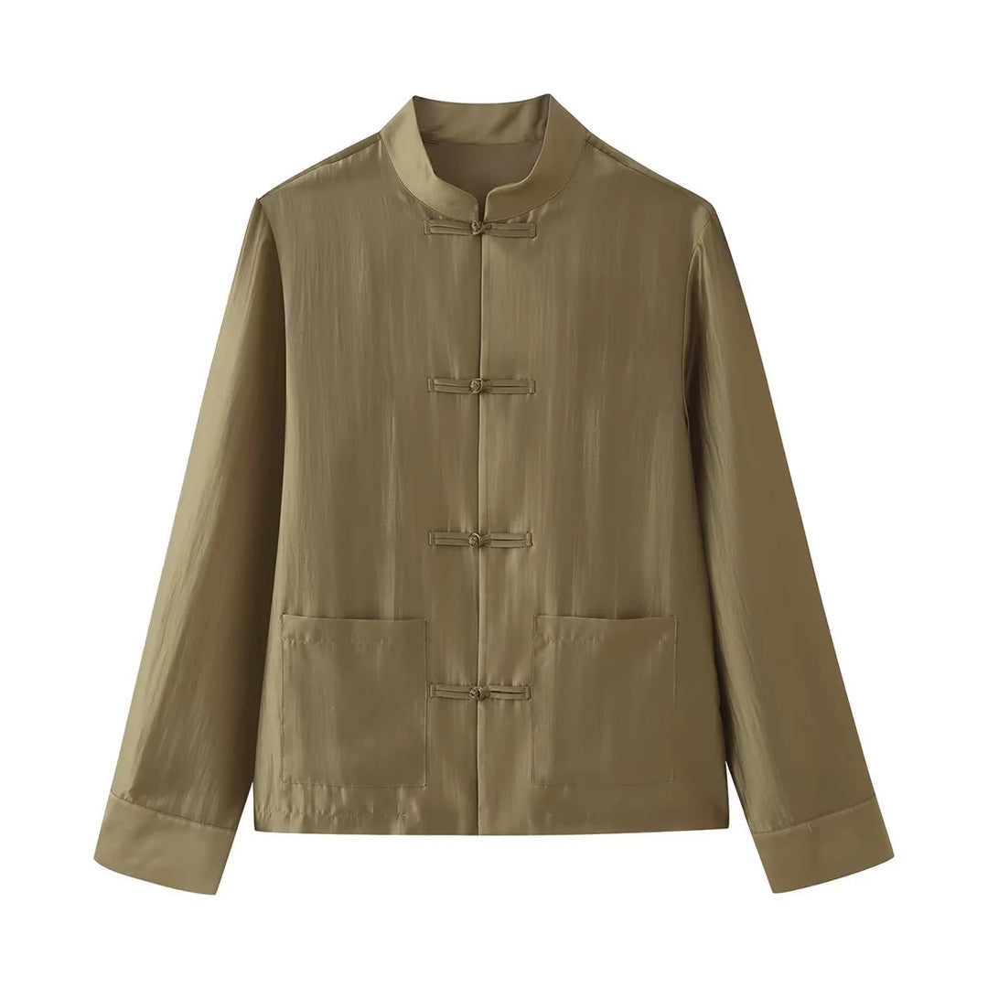 Men's lightweight mandarin jacket with stand-up collar, knot closures, and patch pockets Mune Fashion